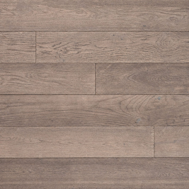 Mccarran Bourland 9x86 brushed genuine hardwood planks in muted taupe-brown tones, featuring natural wood grain and staggered horizontal joints.