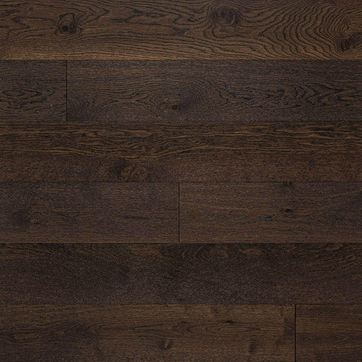 McCarran Thornburg 9x86 brushed genuine hardwood planks in dark brown with pronounced wood grain and natural knots.