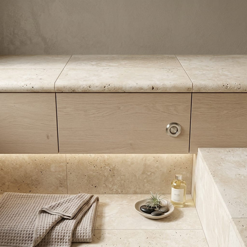 Mediterranean Ivory 12x24 3cm Bullnose Edge Tumbled Travertine Pool Coping — Spa spa overhang edge