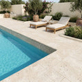 Mediterranean Ivory 12x24 3cm Bullnose Edge Tumbled Travertine Pool Coping — Swimming Pool pool edge drop-face coping