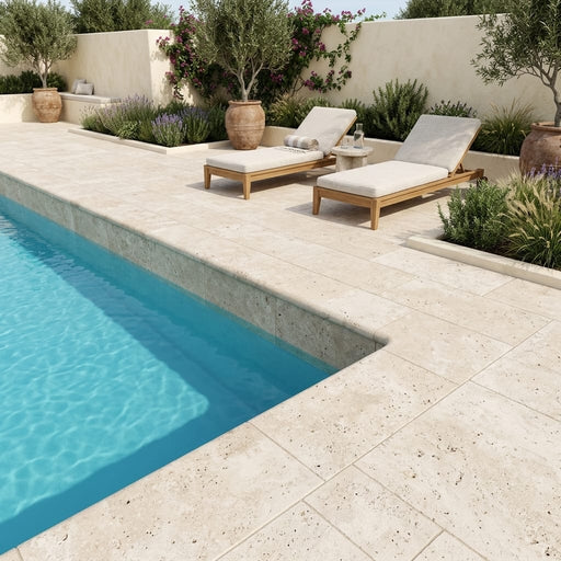 Mediterranean Ivory 12x24 3cm Bullnose Edge Tumbled Travertine Pool Coping — Swimming Pool pool edge drop-face coping