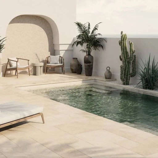Mediterranean Ivory 12x24 5cm Bullnose Edge Tumbled Travertine Pool Coping