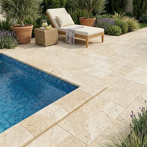 Mediterranean Ivory 12x24 5cm Bullnose Edge Tumbled Travertine Pool Coping — Swimming Pool pool edge drop-face coping