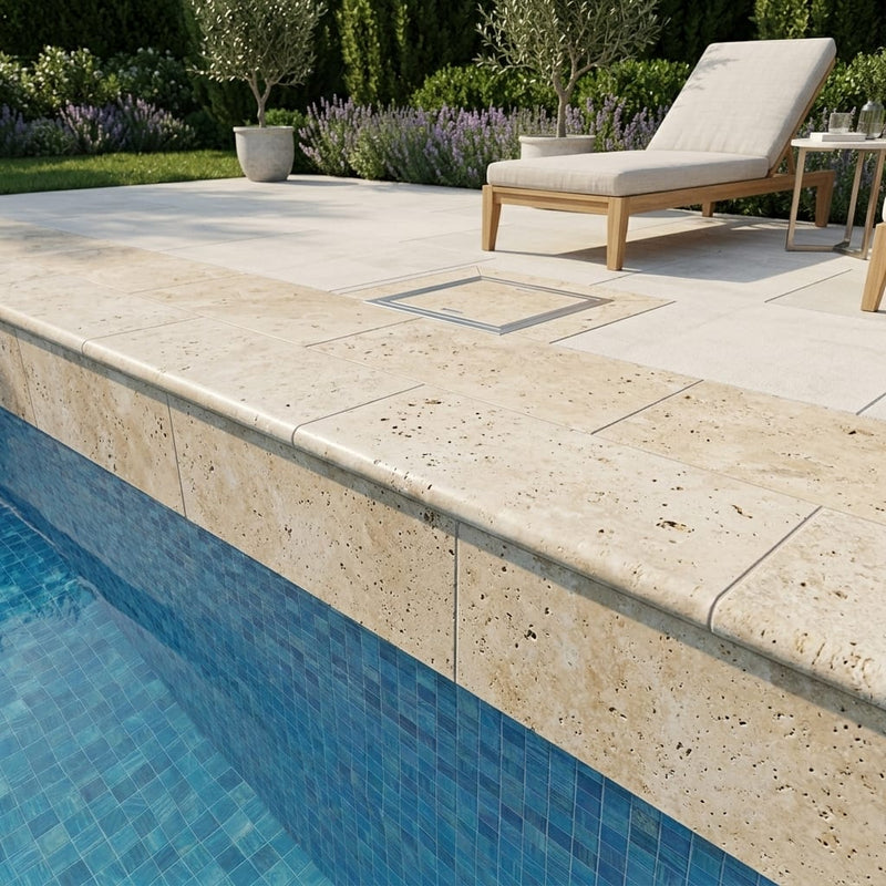 Mediterranean Ivory 12x24 5cm Bullnose Edge Tumbled Travertine Pool Coping — Swimming Pool remodel pool edge