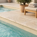 Mediterranean Ivory 16x24 5cm Bullnose Edge Tumbled Travertine Pool Coping — Swimming Pool pool edge drop-face coping