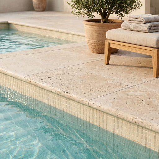 Mediterranean Ivory 16x24 5cm Bullnose Edge Tumbled Travertine Pool Coping — Swimming Pool pool edge drop-face coping