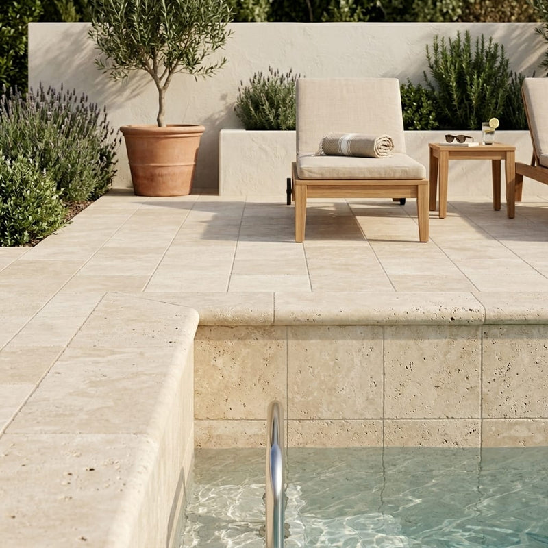 Mediterranean Ivory 16x24 5cm Bullnose Edge Tumbled Travertine Pool Coping — Swimming Pool remodel pool edge