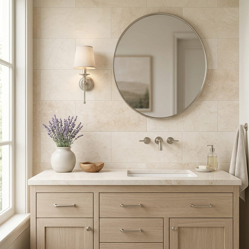 Mediterranean Ivory 24x12 Filled & Honed Limestone Tile 12x24 — Bathroom vanity wall