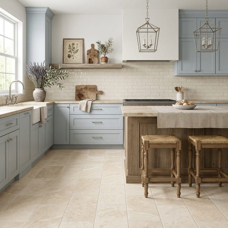 Mediterranean Ivory 24x12 Filled & Honed Limestone Tile 12x24 — Kitchen floor
