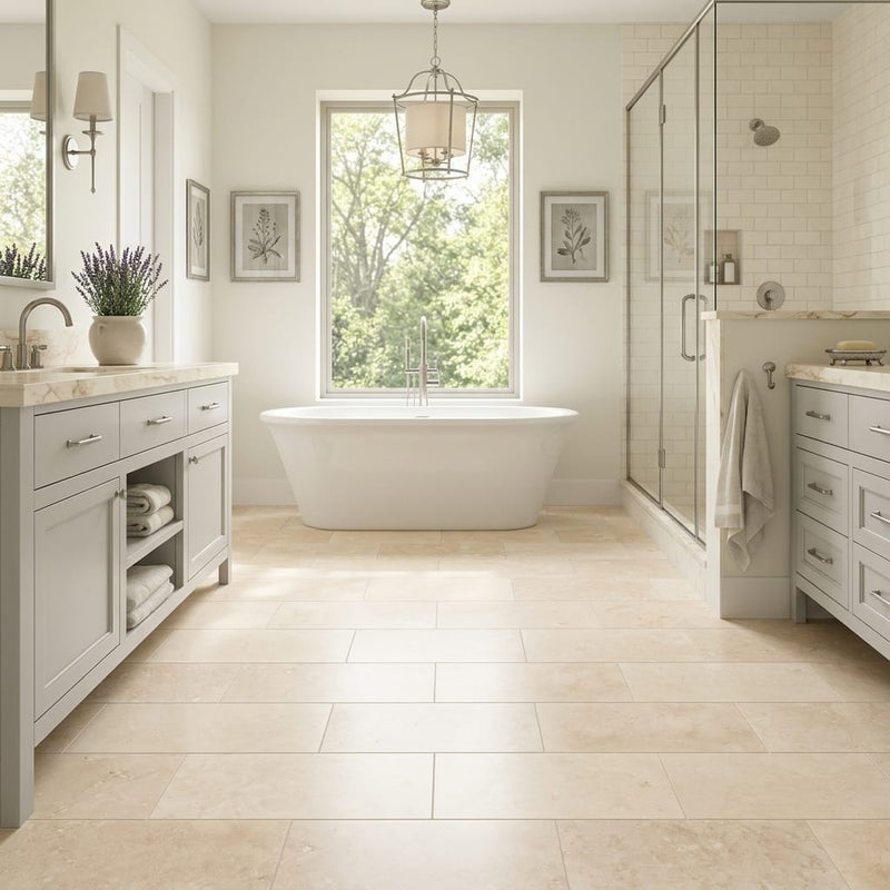 Mediterranean Ivory 24x12 Filled & Honed Limestone Tile 12x24 — Primary Bath floor