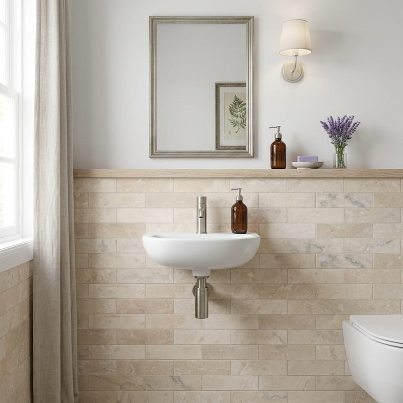 Mediterranean Ivory 3x12 Filled & Honed Limestone Tile — Powder Room wainscot