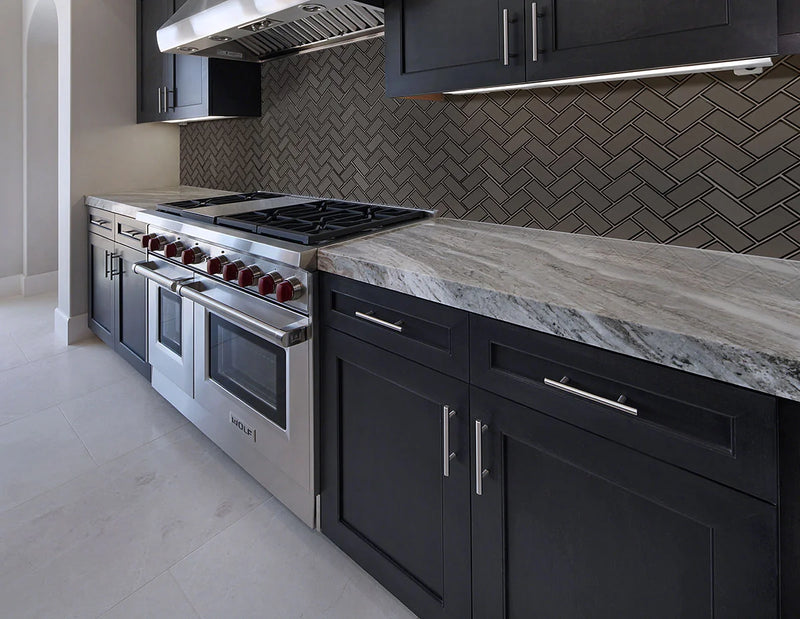 Metallic Gray Bevel Herringbone Pattern Glossy Glass Mosaic Tile