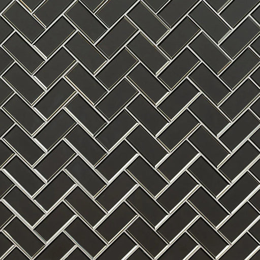 Metallic Gray Bevel Herringbone Pattern Glossy Glass Mosaic Tile