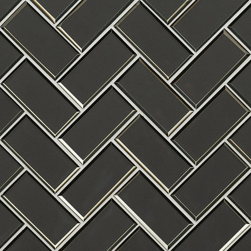 Metallic Gray Bevel Herringbone Pattern Glossy Glass Mosaic Tile
