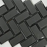 Metallic Gray Bevel Herringbone Pattern Glossy Glass Mosaic Tile