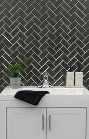 Metallic Gray Bevel Herringbone Pattern Glossy Glass Mosaic Tile