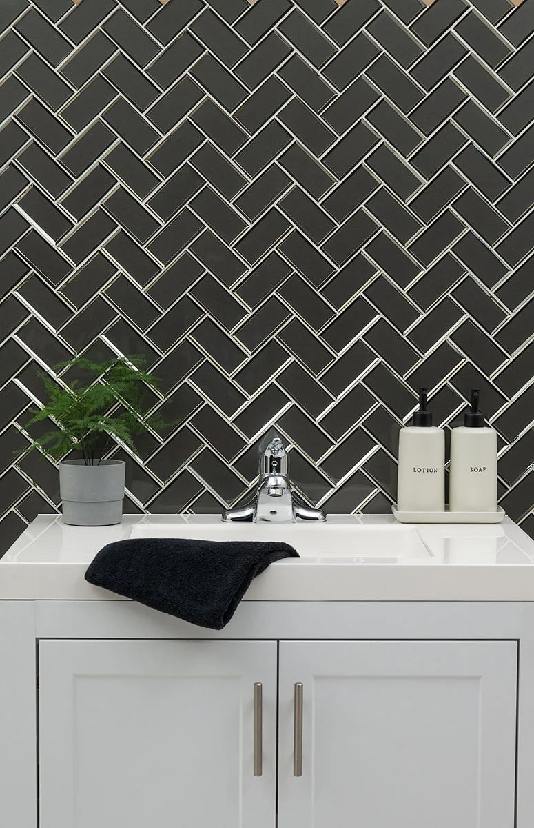 Metallic Gray Bevel Herringbone Pattern Glossy Glass Mosaic Tile