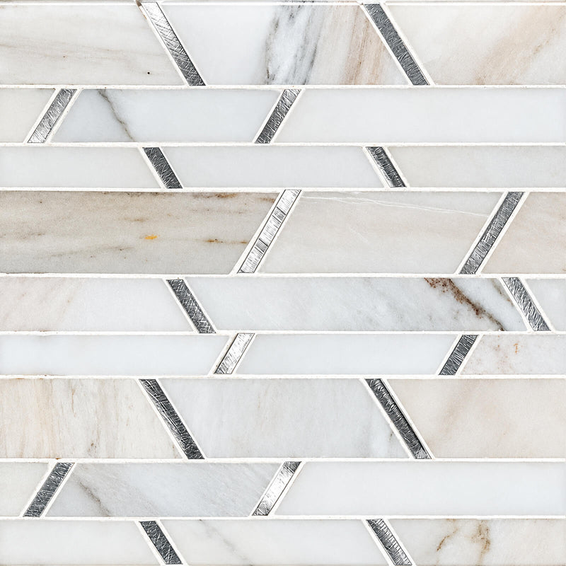 Metro Silver glass, stone and metal mosaic tile with light gray and ivory horizontal pieces and diagonal silver accents.