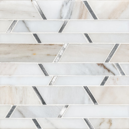 Metro Silver glass, stone and metal mosaic tile with light gray and ivory horizontal pieces and diagonal silver accents.