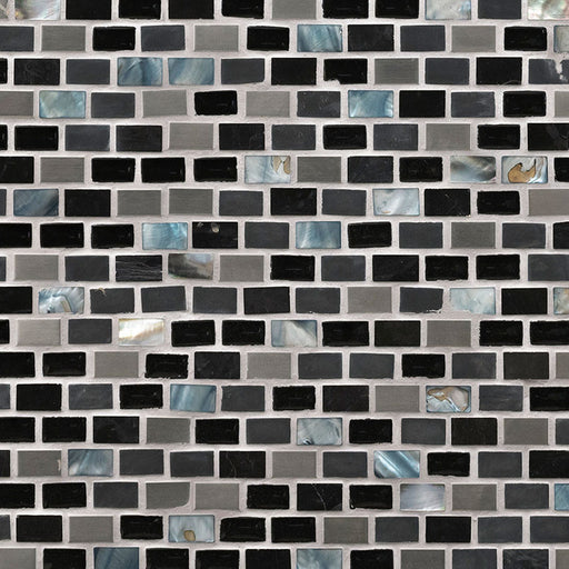 Midnight Pearl mini brick mosaic tile with black, gray, and blue pearl accents.