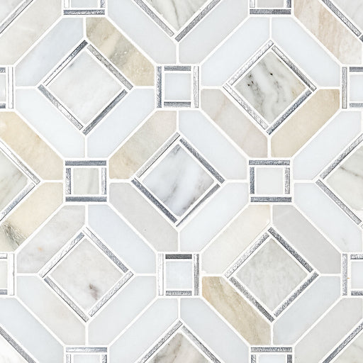 Milano Silver glass, stone and metal blend mosaic tile with white and beige geometric pieces, marble veining and silver accents.