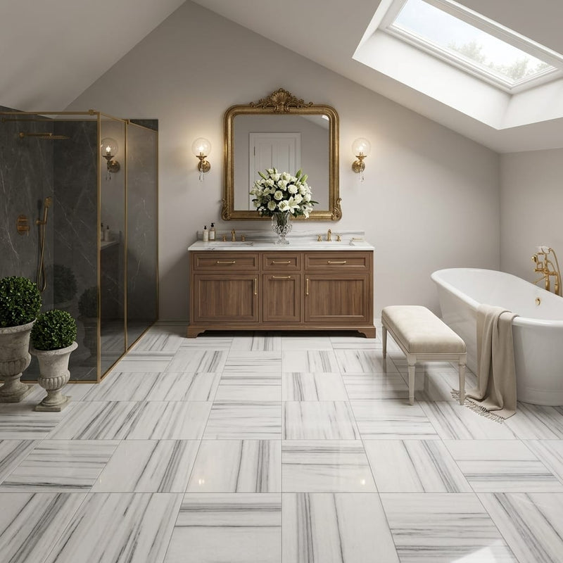 Mink / Equator (Zebra) Mink Marble 12x12 Polished Tile — Bathroom floor