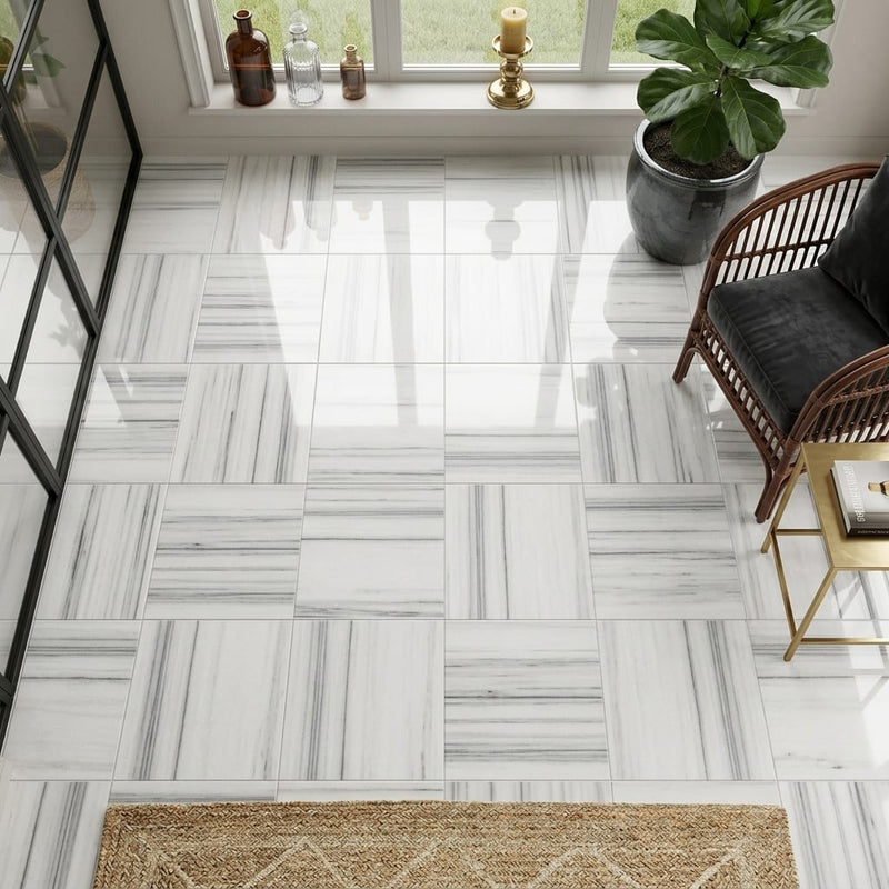 Mink / Equator (Zebra) Mink Marble 12x12 Polished Tile — Sunroom floor