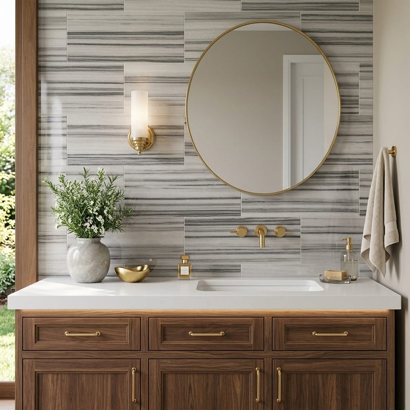 Mink / Equator (Zebra) Mink Marble 12x24 Polished Tile — Bathroom vanity wall