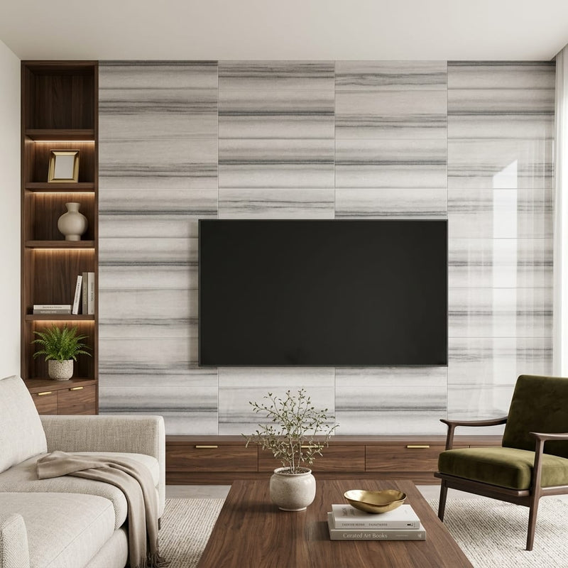 Mink / Equator (Zebra) Mink Marble 12x24 Polished Tile — Living Room feature wall
