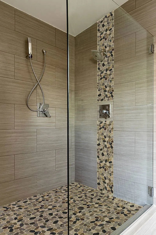 Mix River Pebbles Mesh Backed Pattern Natural 0.38 Inch Quartzite Mosaic Tile