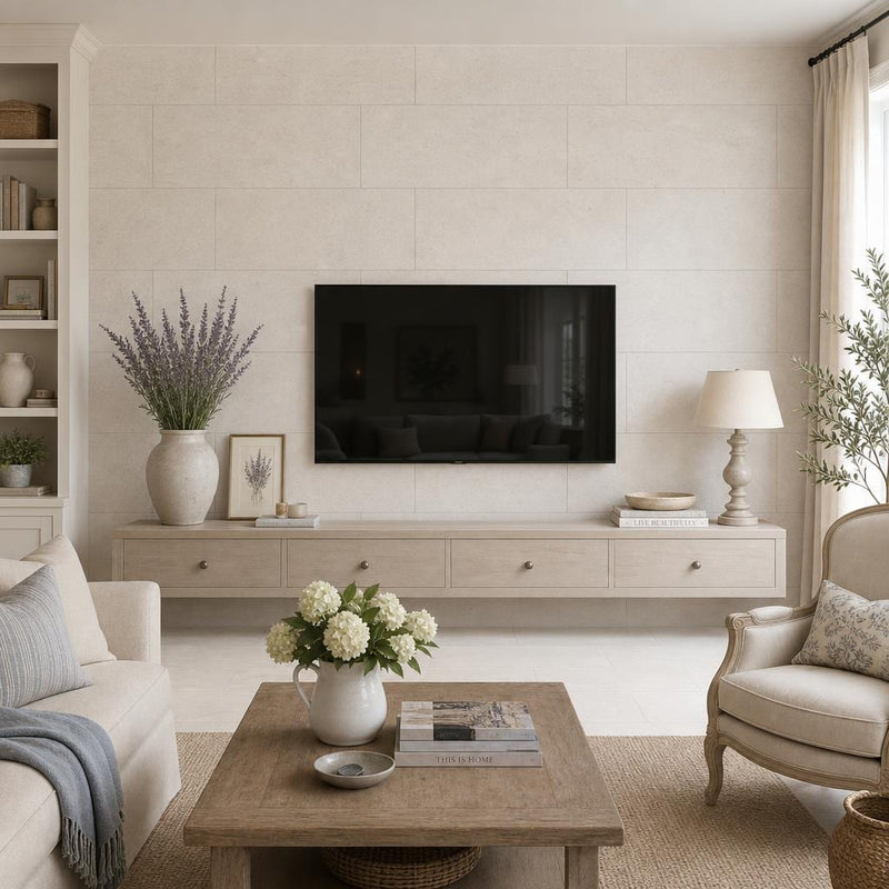 Moca Cream 18x36 Honed Limestone Tile — Living Room feature wall