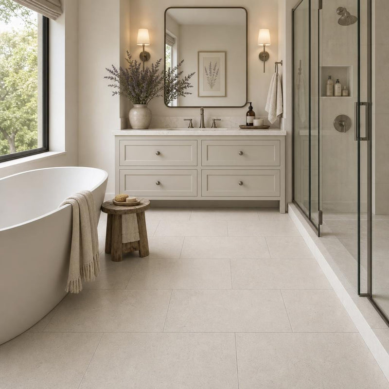 Moca Cream 18x36 Honed Limestone Tile — Primary Bath floor