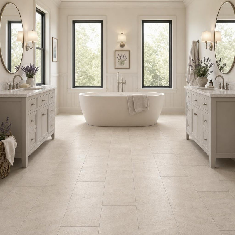 Mocha Cream 12x24 Brushed Limestone Tile — Bathroom floor