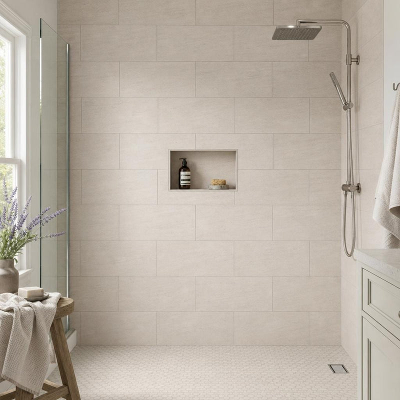 Mocha Cream 12x24 Brushed Limestone Tile — Bathroom shower wall