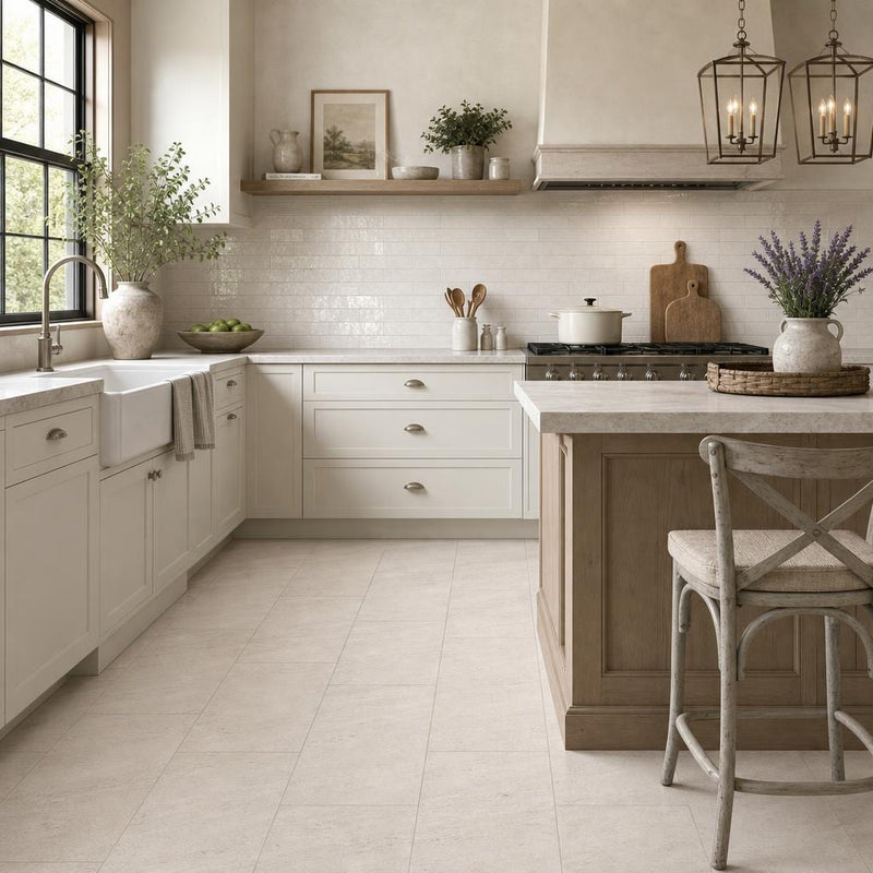 Mocha Cream 12x24 Brushed Limestone Tile — Kitchen floor