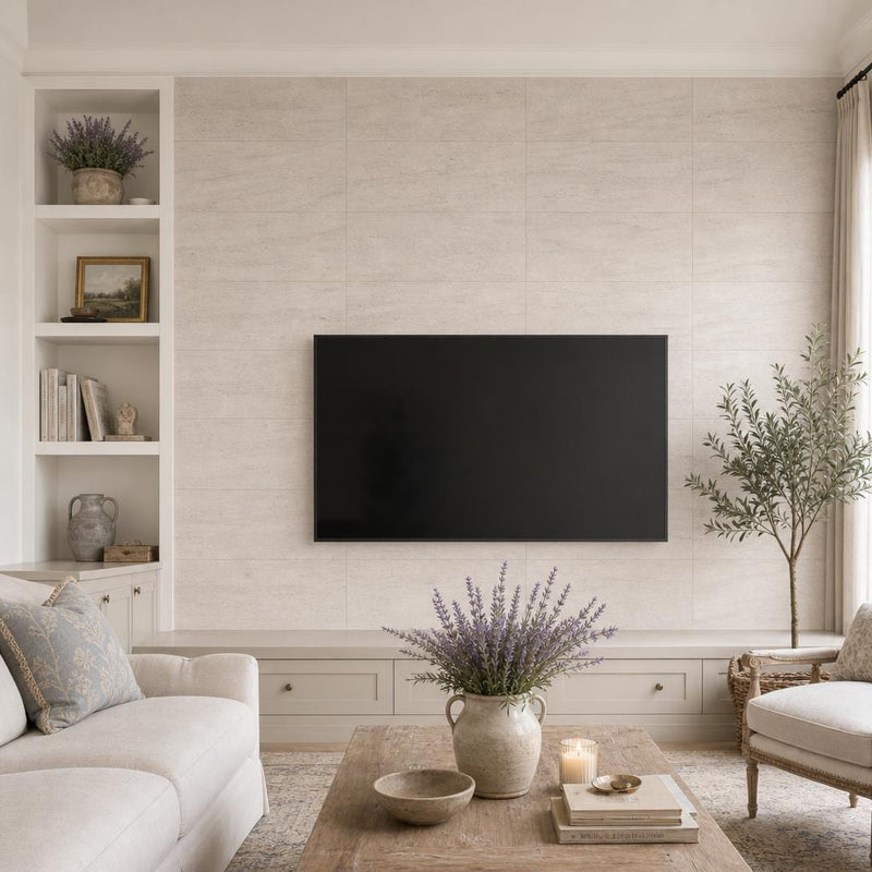 Mocha Cream 12x24 Brushed Limestone Tile — Living Room feature wall