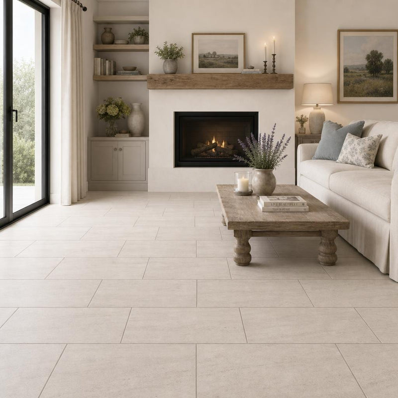 Mocha Cream 12x24 Brushed Limestone Tile — Living Room floor