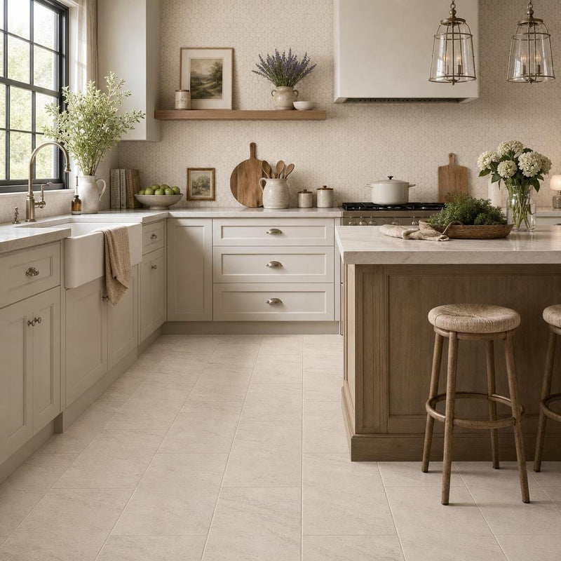 Mocha Cream 12x24 Honed Limestone Tile — Kitchen floor