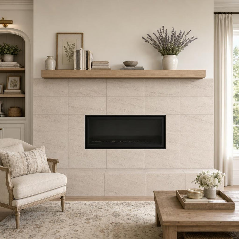 Mocha Cream 12x24 Honed Limestone Tile — Living Room fireplace surround