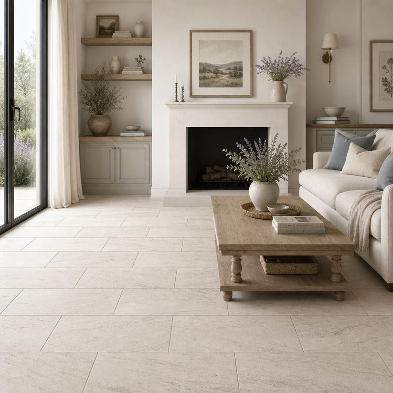 Mocha Cream 12x24 Honed Limestone Tile — Living Room floor