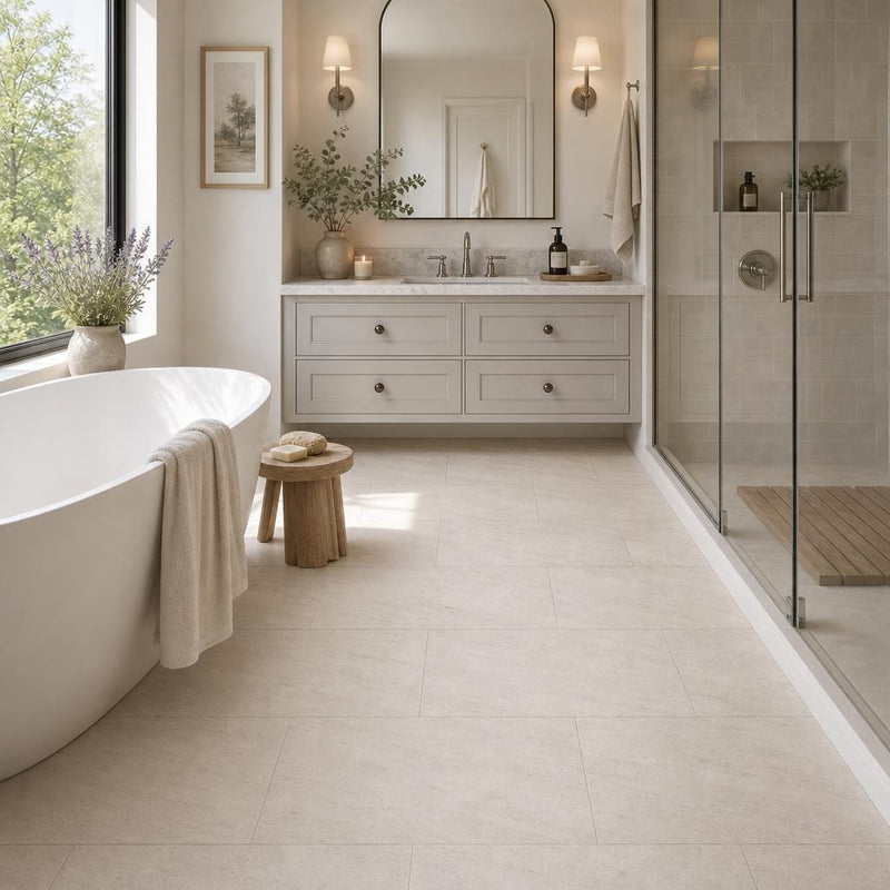 Mocha Cream 18x36 Brushed Limestone Tile — Primary Bath floor