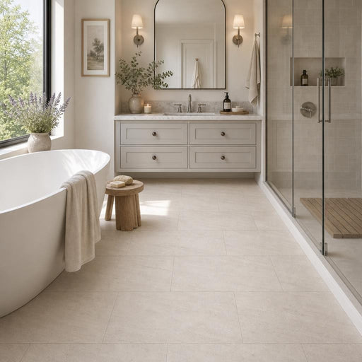 Mocha Cream 18x36 Brushed Limestone Tile — Primary Bath floor