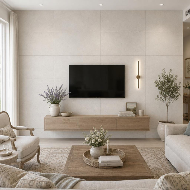 Mocha Cream 24x48 Brushed Natural Limestone Tile — Living Room feature wall