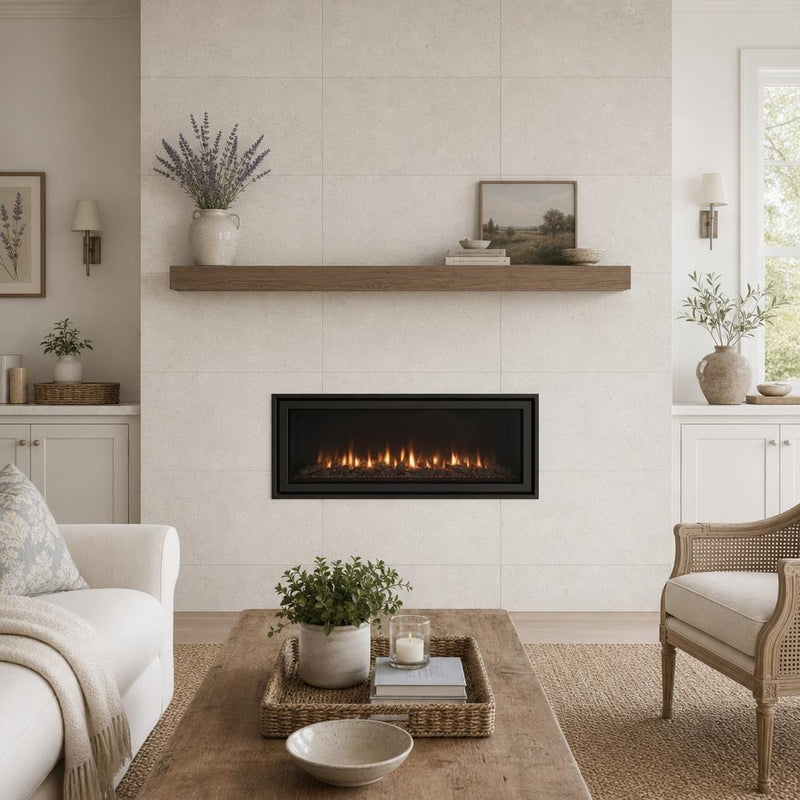 Mocha Cream 24x48 Brushed Natural Limestone Tile — Living Room fireplace surround
