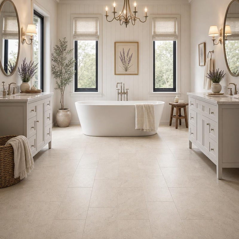Mocha Cream Cross Cut 12x24 Honed Limestone Tile — Bathroom floor