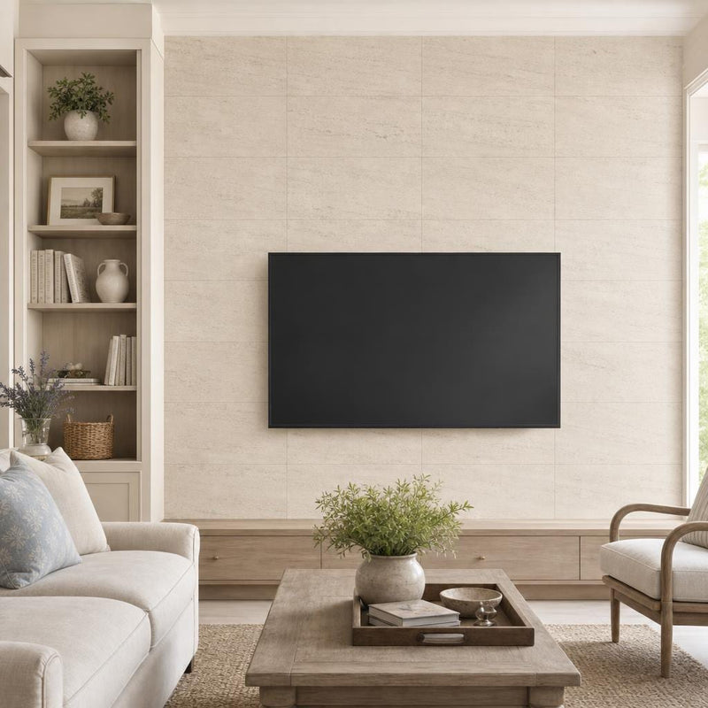 Mocha Cream Cross Cut 12x24 Honed Limestone Tile — Living Room feature wall