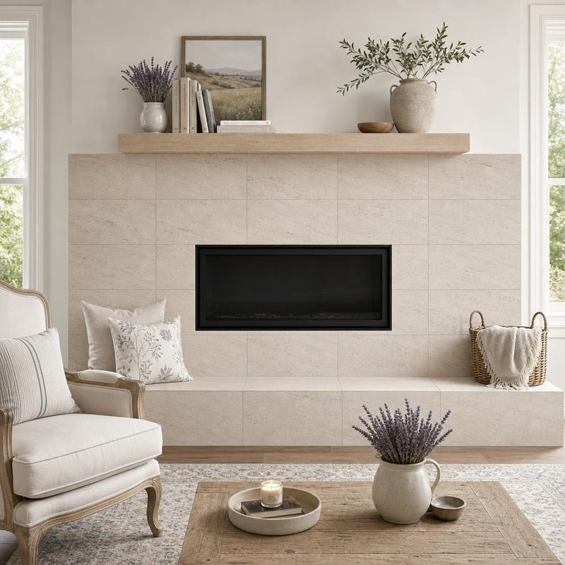 Mocha Cream Cross Cut 12x24 Honed Limestone Tile — Living Room fireplace surround