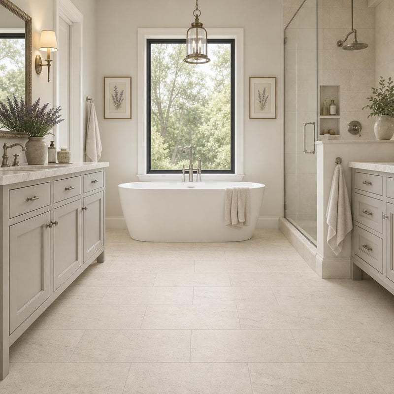 Mocha Cream Cross Cut 12x24 Honed Limestone Tile — Primary Bath floor