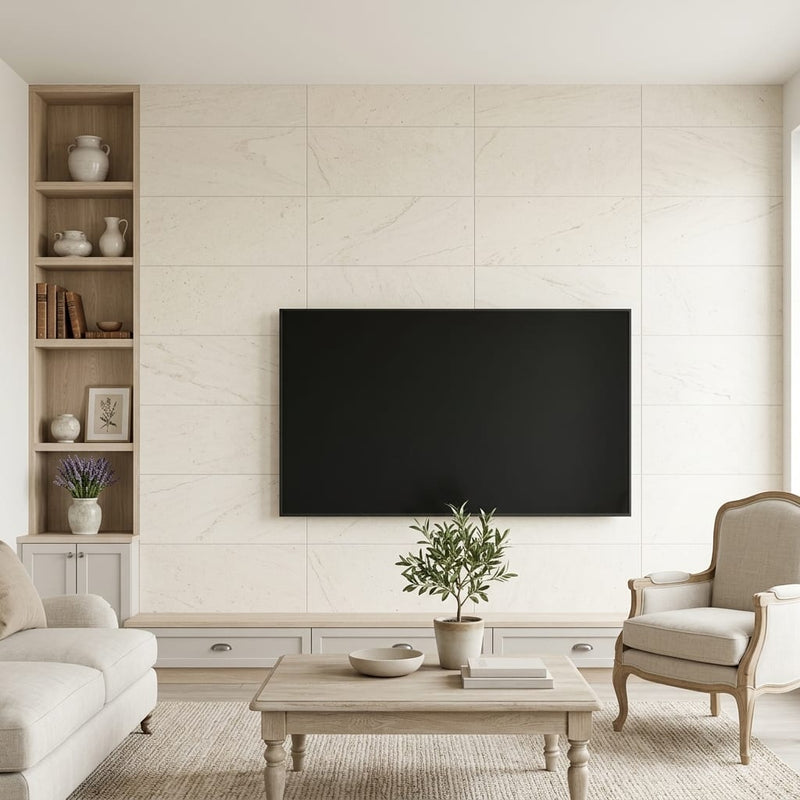 Mocha Cream Limestone Tile 12x24 Honed — Living Room feature wall
