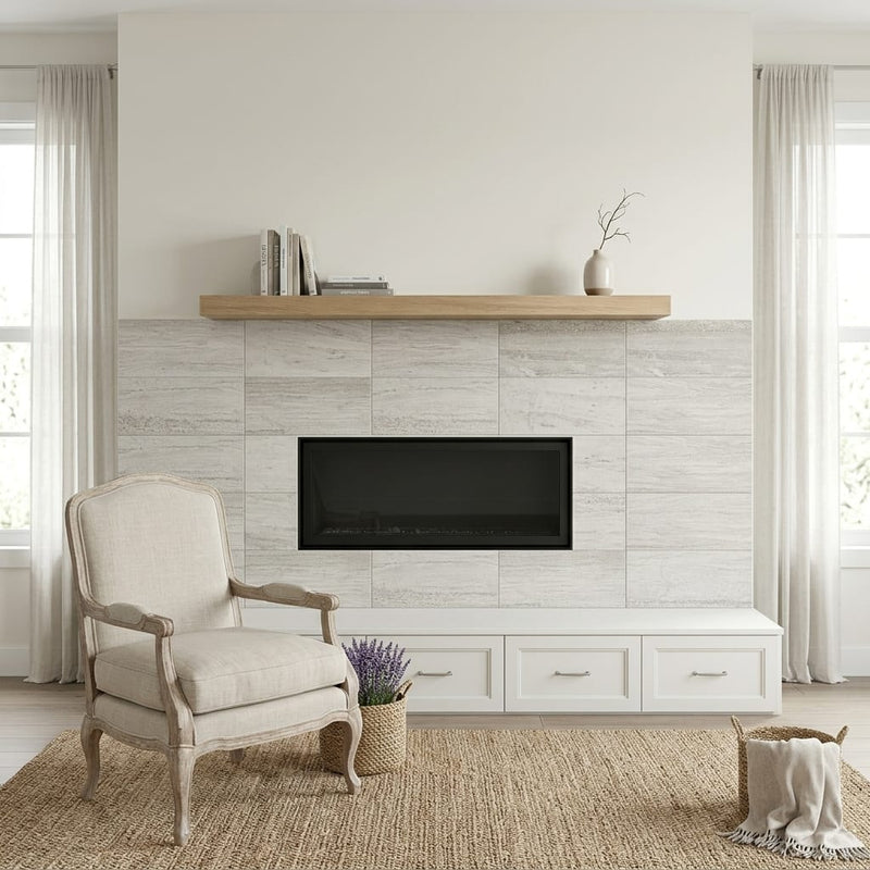 Mocha Cream Limestone Tile 12x24 Honed — Living Room fireplace surround